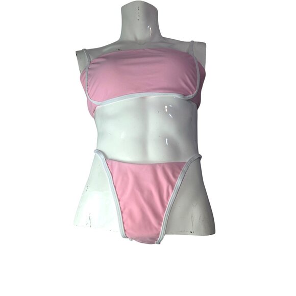 Pink Bikini Swimsuit 2 pc Set*Cheeky*White Trim & Tie Back*Sissy*Cosplay*XL*New - Picture 1 of 10